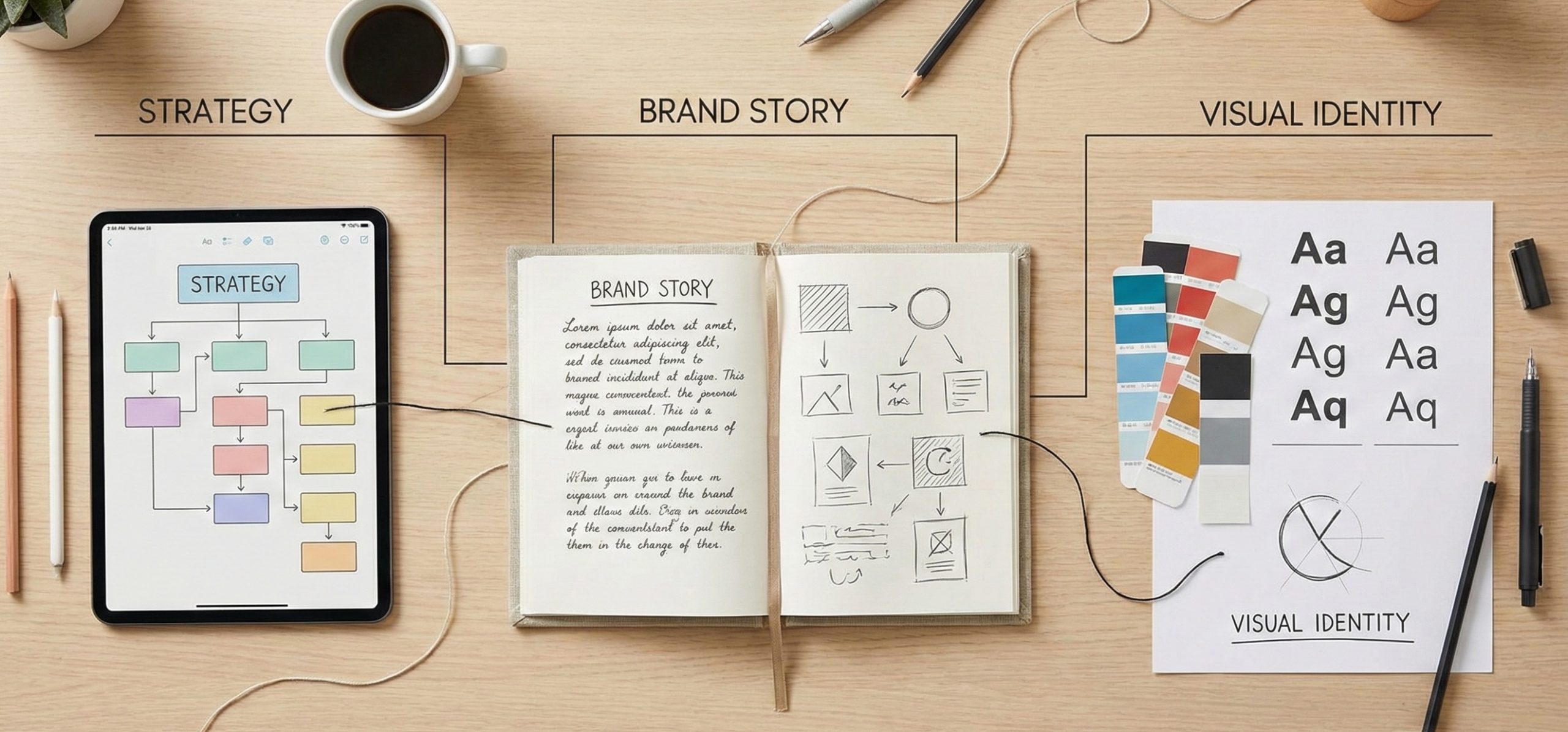 Ylhäältä otettu valokuva luovasta työpöydästä, johon on aseteltu vierekkäin brändin rakentamisen kolme vaihetta: strategiset suunnitelmat tabletilla, bränditarinan luonnokset muistikirjassa sekä visuaalisen ilmeen värikartat ja logoluonnokset.