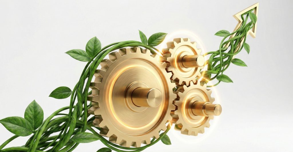 3D-konseptikuva, jossa kultainen koneisto ja hammasrattaat yhdistyvät ylöspäin kasvaviin vihreisiin köynnöksiin. Kuva symboloi brändäystä yrityksen kasvun moottorina ja yhdistää teknisen strategian orgaaniseen kasvuun.