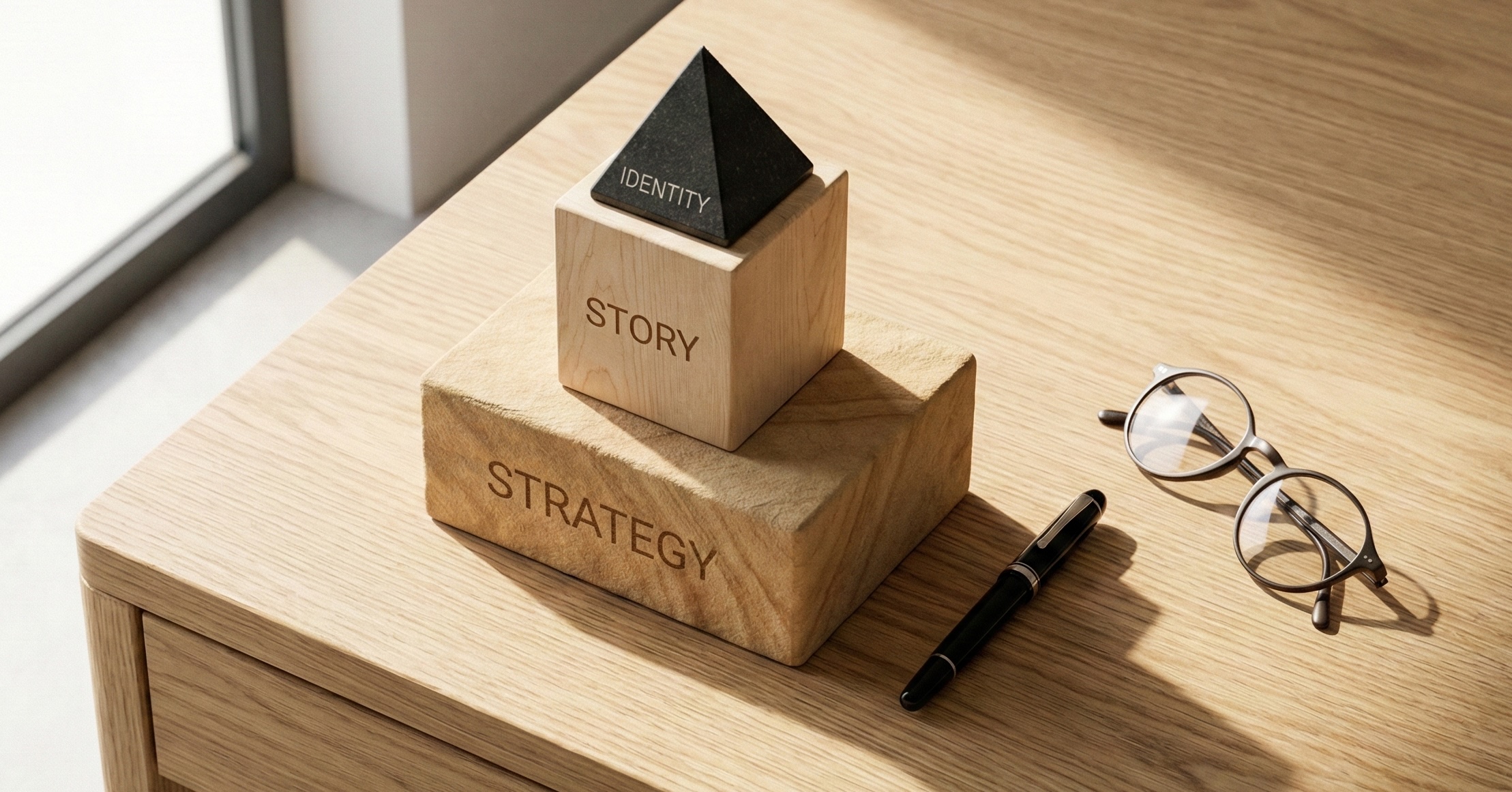 Tyylikäs kuva työpöydältä, jossa kolme rakennuspalikkaa muodostavat pyramidin. Palikoihin on kaiverrettu sanat 'Strategy', 'Story' ja 'Identity', kuvaten brändäyksen kolmea tärkeintä kulmakiveä.