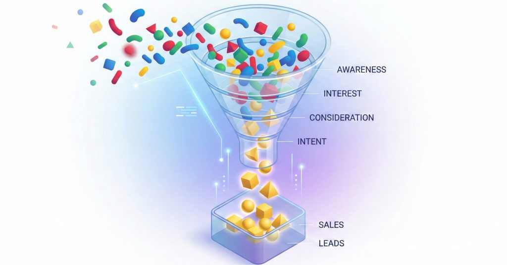 3D-kuvitus digitaalisesta myyntisuppilosta, jossa yläosan värikkäät ja hajallaan olevat hiukkaset (verkkoliikenne) kulkevat suppilon läpi ja muuttuvat alaosassa hohtaviksi kultaisiksi muodoiksi (konversiot). Kuva symboloi prosessia, jossa kävijöistä tulee asiakkaita.