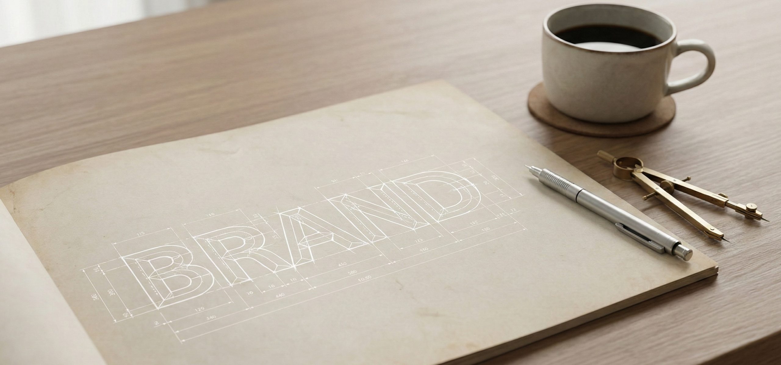 Lähikuva työpöydästä, jossa on auki levitetty sinikopio eli rakennuspiirustus. Piirustuksessa hahmottuu rakennuksen sijaan sana "BRAND" kolmiulotteisena rakenteena, mikä symboloi huolellista strategista suunnittelua brändin pohjana.